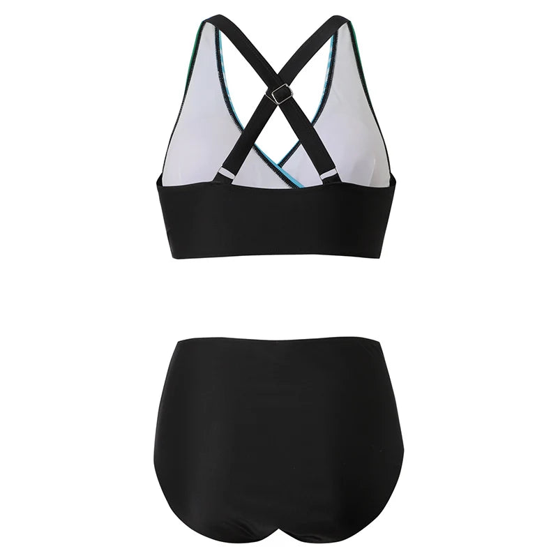 ZOÉ | Zwart-Turquoise Cross Front Bikini Set Met Hoge Taille - Flatterend & Stijlvol