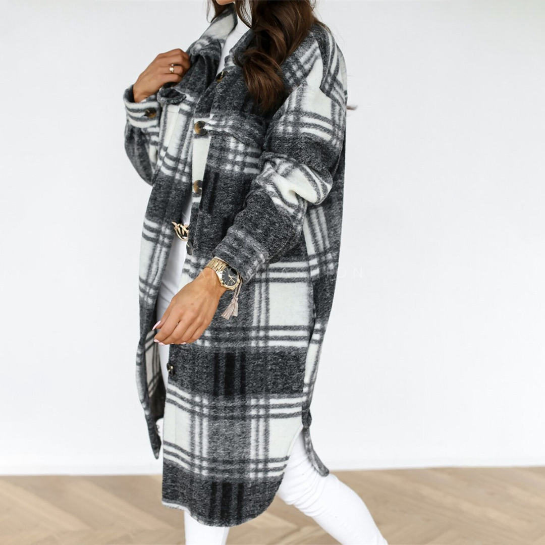 JOLIE | Lange Geruite Damesjas – Herfstfavoriet met Ademend Comfort & Statementstijl