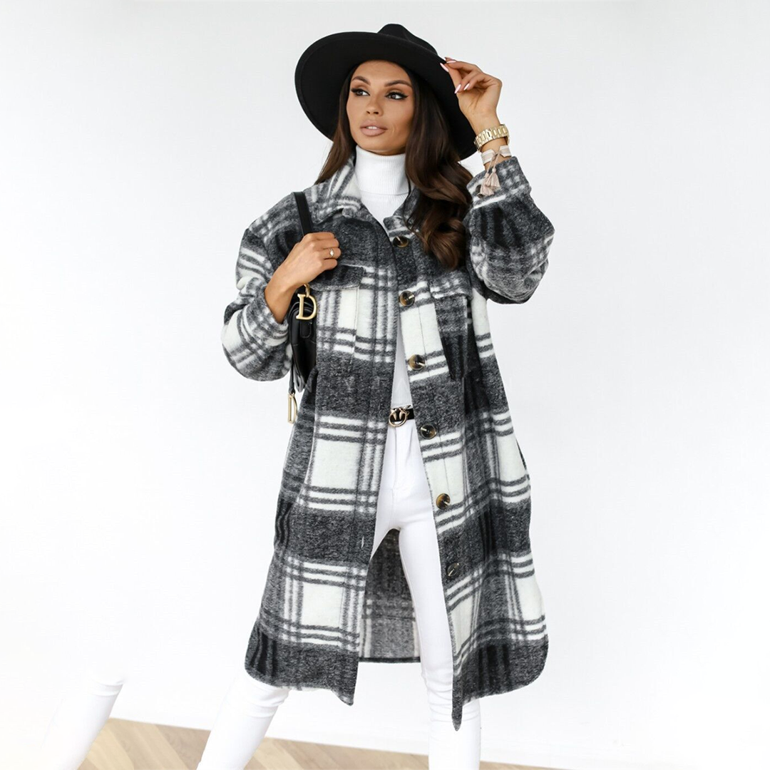 JOLIE | Lange Geruite Damesjas – Herfstfavoriet met Ademend Comfort & Statementstijl