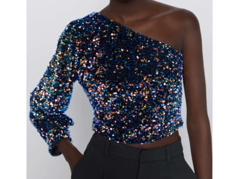 FLEUR | One Shoulder Glitter Top Voor Dames – Elegant, Opvallend, Comfortabel