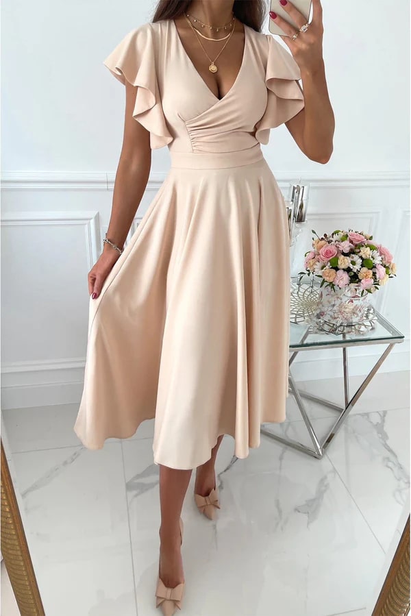 CLARISSE | Elegante Dames Midi-Jurk met Vlindermouwen & A-Lijn Pasvorm