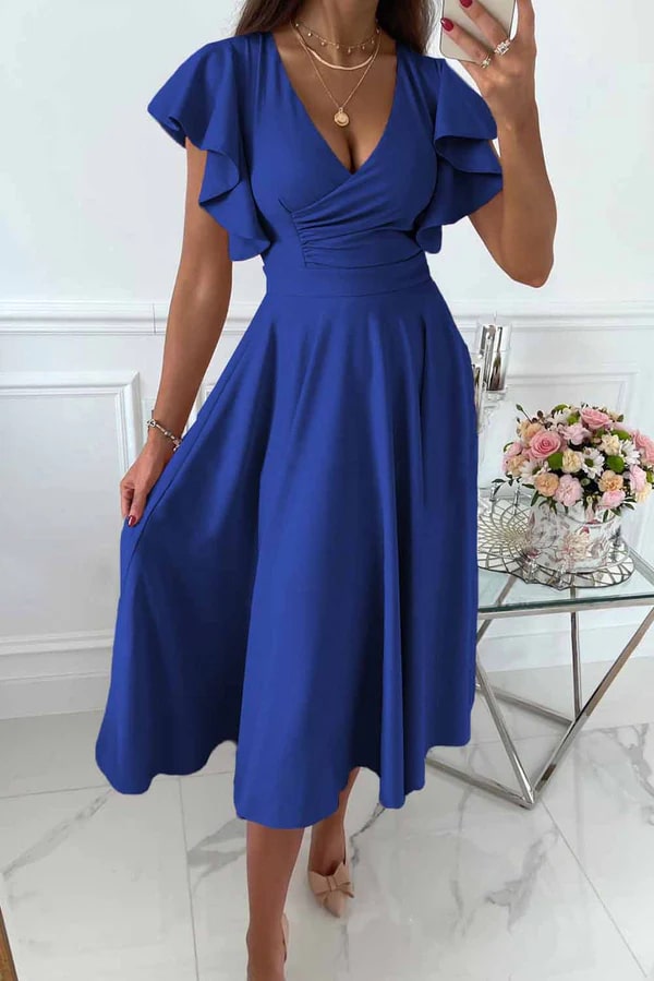 CLARISSE | Elegante Dames Midi-Jurk met Vlindermouwen & A-Lijn Pasvorm