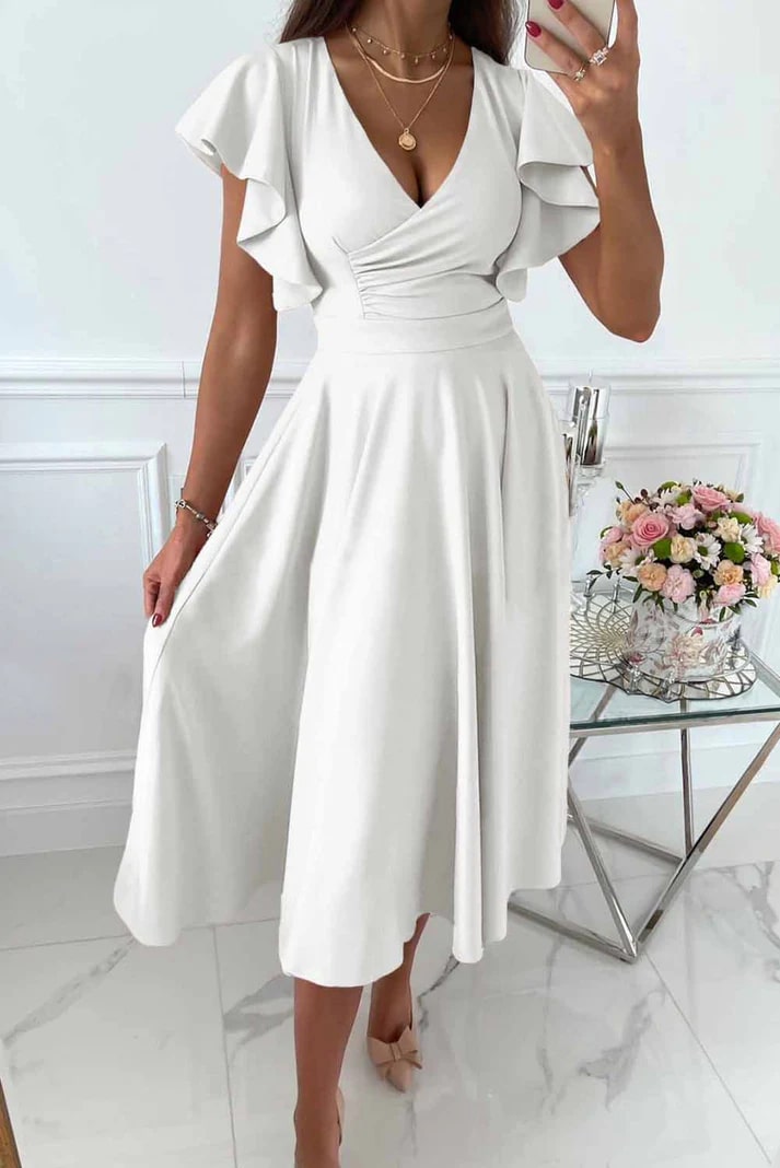 CLARISSE | Elegante Dames Midi-Jurk met Vlindermouwen & A-Lijn Pasvorm