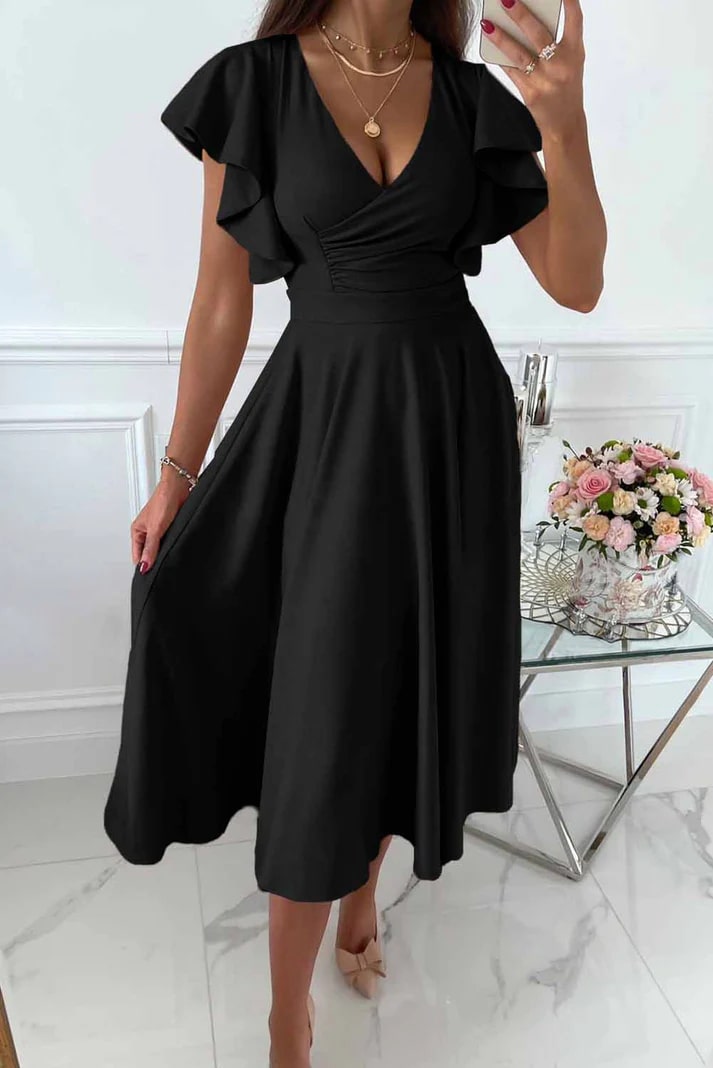 CLARISSE | Elegante Dames Midi-Jurk met Vlindermouwen & A-Lijn Pasvorm