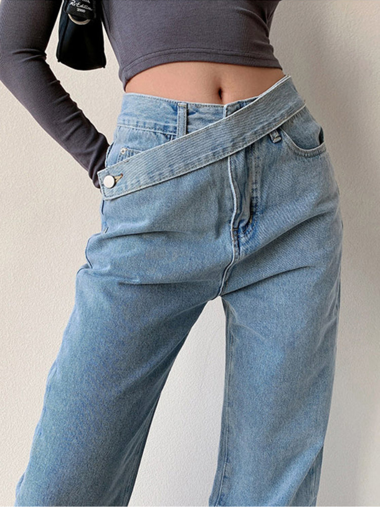 GIORGIA | Dames Jeans Met Hoge Taille En Asymmetrische Riem – Comfortabel, Eigentijds & Ultra-Flatterend