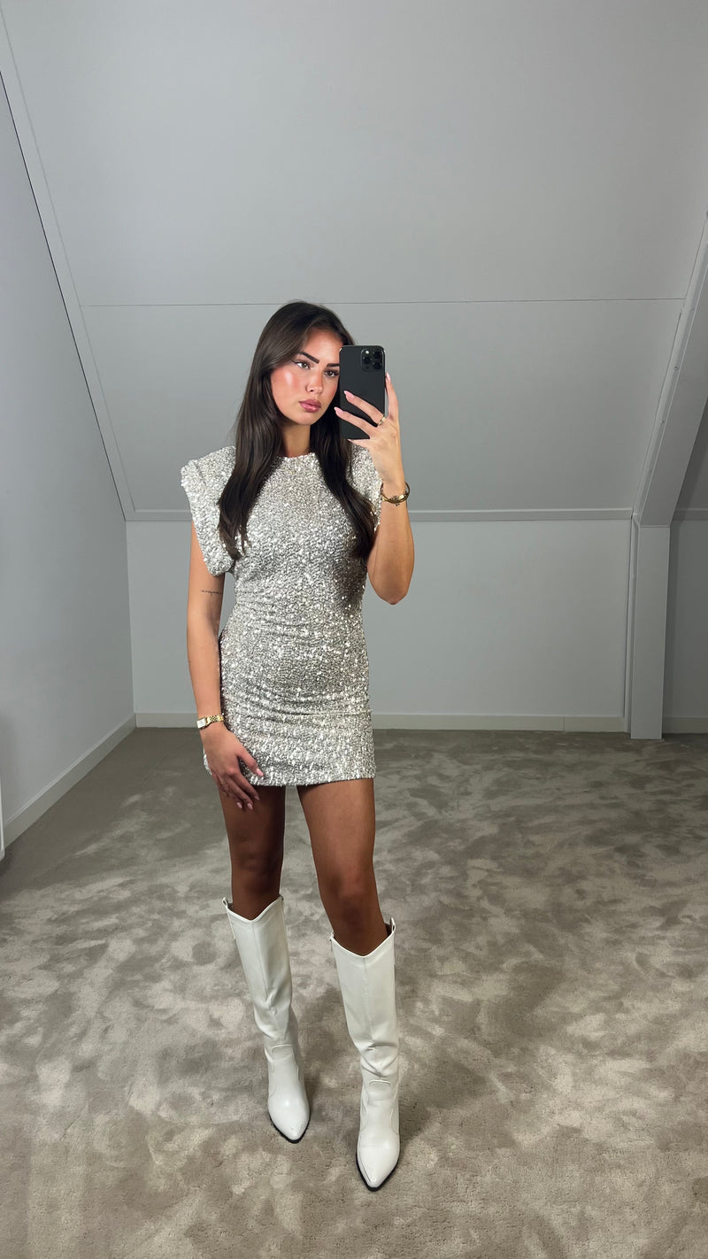 DAISY | Glitter Mini Jurk Voor Dames Met Schoudervulling – Glamoureus, Feestelijk, Statement