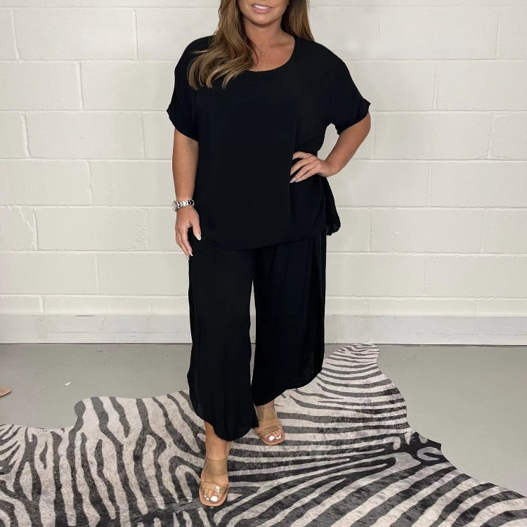 JULES | Dames 2 Delige Relaxed Fit Set Wijdvallende Top & Korte Mouw – Comfortabele Flared Broek