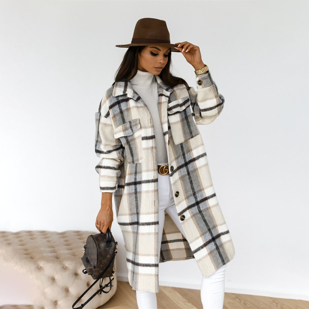 JOLIE | Lange Geruite Damesjas – Herfstfavoriet met Ademend Comfort & Statementstijl