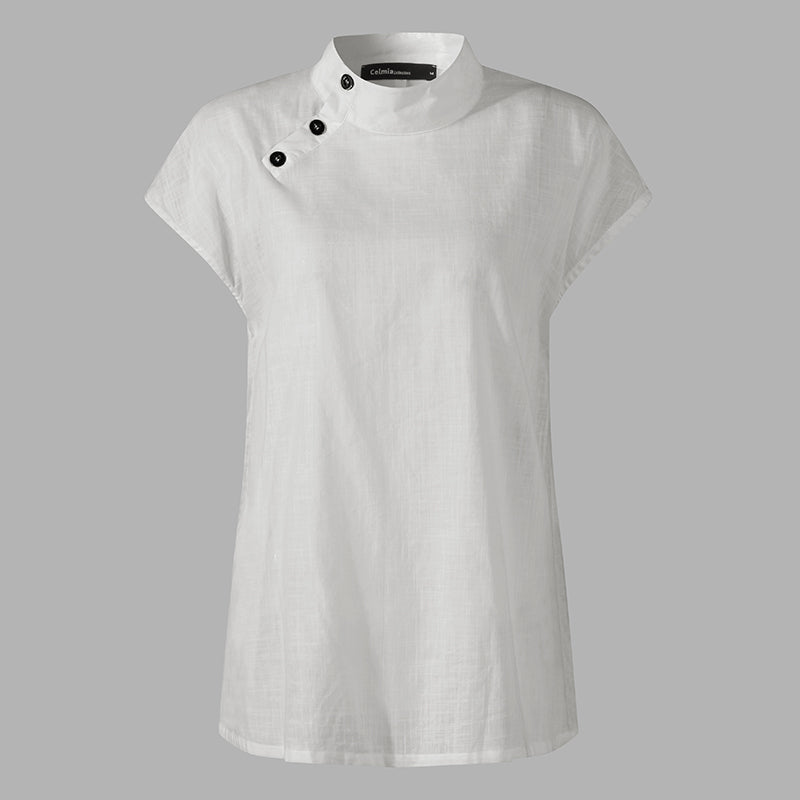 VALY | Mouwloze Linnen Blouse met Knoopkraag – Modern, Luchtig & Verfijnd
