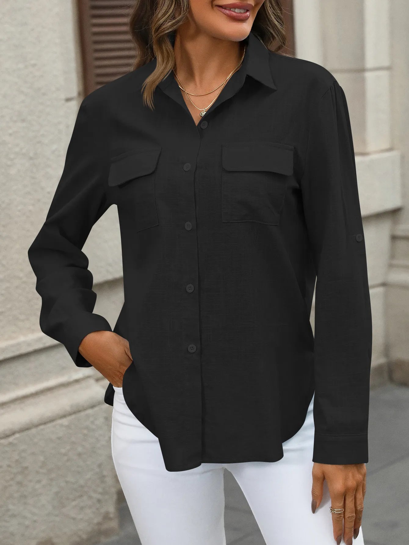 JADE | Lichte Katoenen Zomer Blouse voor Dames Met Oprollende Mouwen - Zomers & Comfortabel
