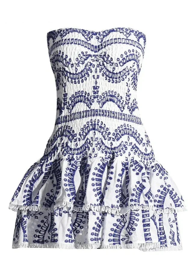 SANTORINI | Strapless Zomerjurk in Blauw Gelaagd Ontwerp – Elegant, Licht & Veelzijdig!
