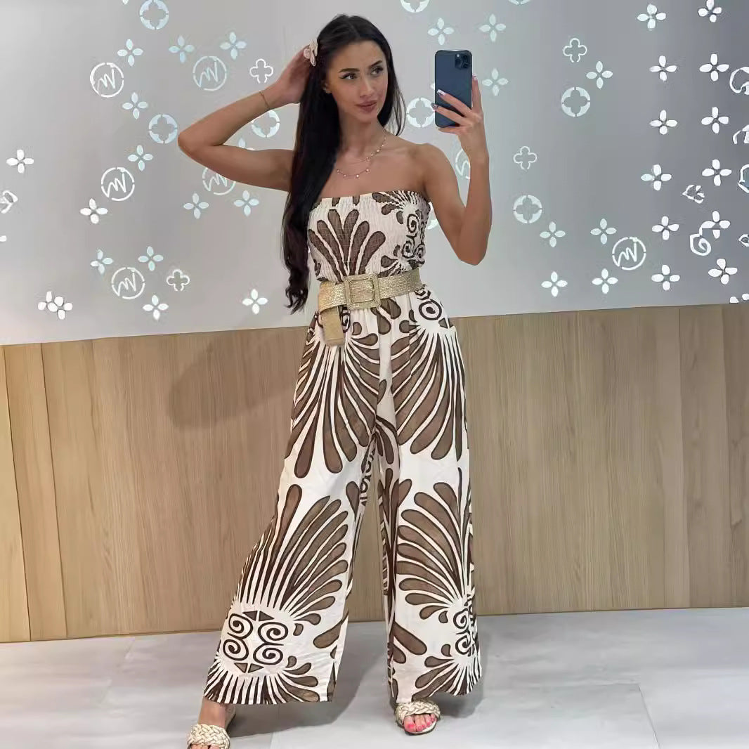 ELVA | Strapless Jumpsuit met Wijde Pijpen & Zomerse Boho Print