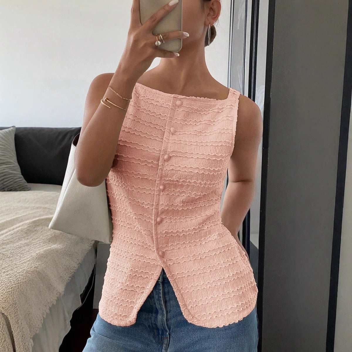 ELIANE | Mouwloos Dames Top Met Geribde Textuur, Getailleerd – Vrouwelijk, Modern, Lichtgewicht