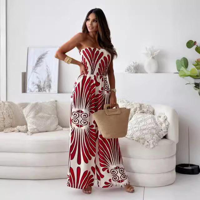 ELVA | Strapless Jumpsuit met Wijde Pijpen & Zomerse Boho Print