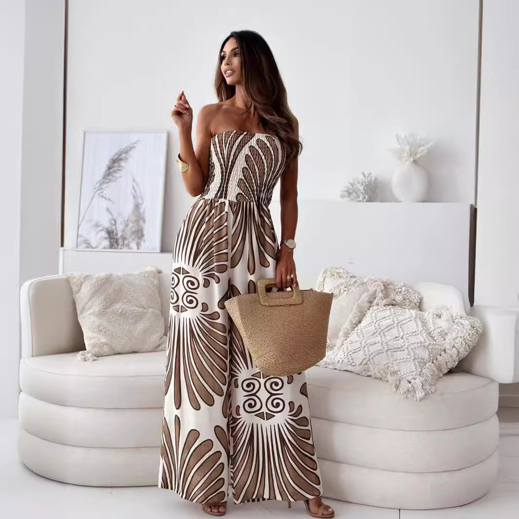 ELVA | Strapless Jumpsuit met Wijde Pijpen & Zomerse Boho Print