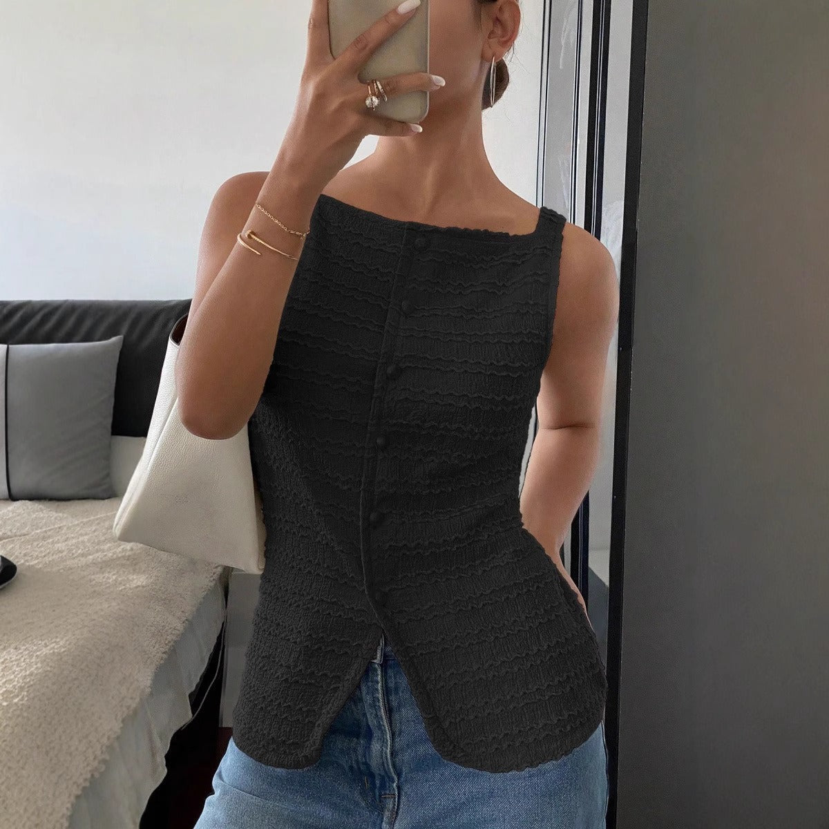 ELIANE | Mouwloos Dames Top Met Geribde Textuur, Getailleerd – Vrouwelijk, Modern, Lichtgewicht
