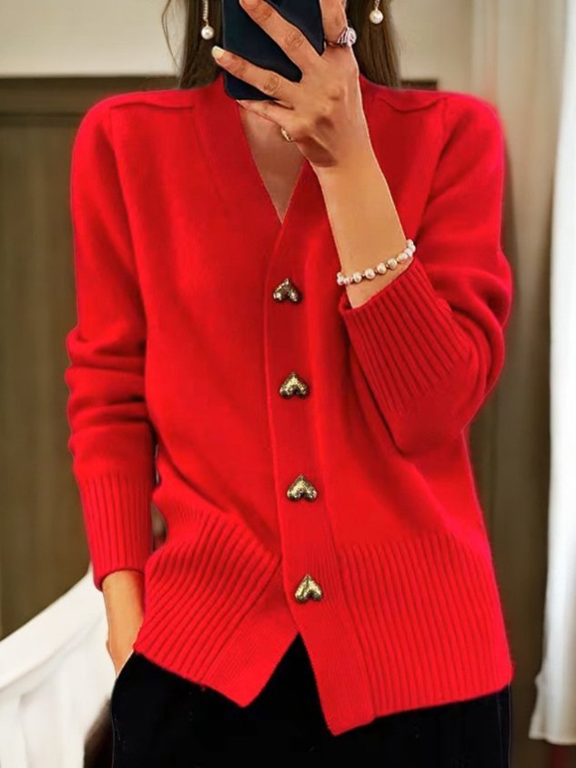 Elegant Vest Voor Dames – Zachte Gebreide Cardigan Met Gouden Hartvormige Knopen