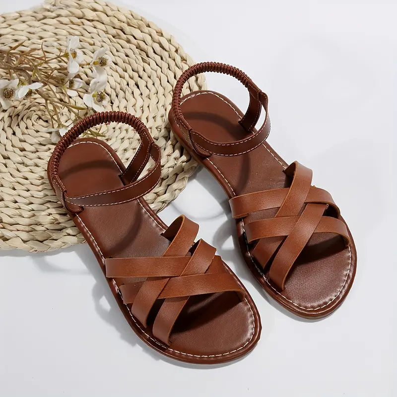 RAYNA | Dames Leren Sandalen met Gekruiste Banden en Elastisch Enkelbandje - Zomers & Elegant