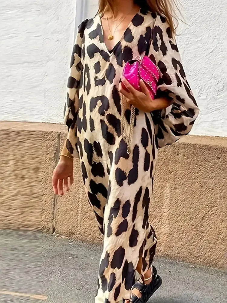 TRACY | Dames Midi-Jurk Met Luipaard Print & Pof Mouwen - Zomers & Stijlvol