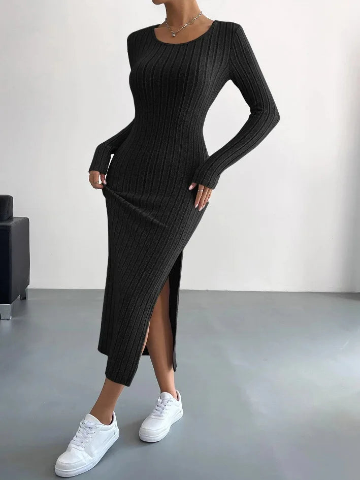 MAREN | Winter Gebreide Midi-Jurk Met Lange Mouwen & Zijsplit – Warm, Stijlvol & Flatterend