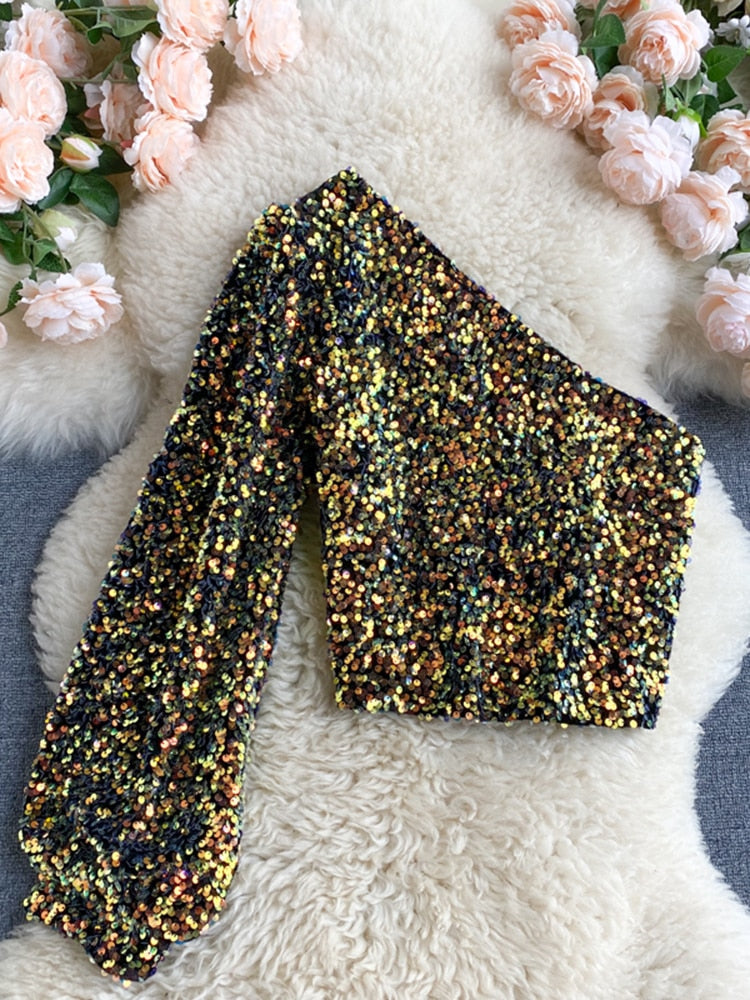 FLEUR | One Shoulder Glitter Top Voor Dames – Elegant, Opvallend, Comfortabel