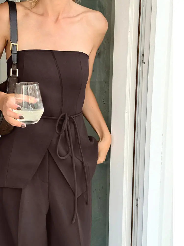 JADE | Strapless Tweedelige Set Voor Dames Met Vetersluiting En Wijde Pijpen – Elegant, Luchtig, Trendy
