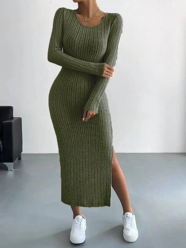MAREN | Winter Gebreide Midi-Jurk Met Lange Mouwen & Zijsplit – Warm, Stijlvol & Flatterend