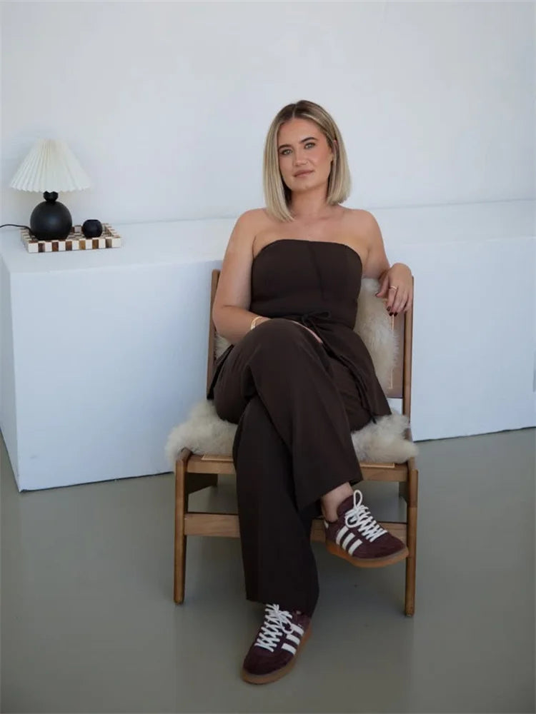 JADE | Strapless Tweedelige Set Voor Dames Met Vetersluiting En Wijde Pijpen – Elegant, Luchtig, Trendy