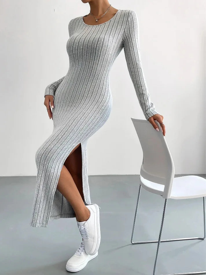 MAREN | Winter Gebreide Midi-Jurk Met Lange Mouwen & Zijsplit – Warm, Stijlvol & Flatterend