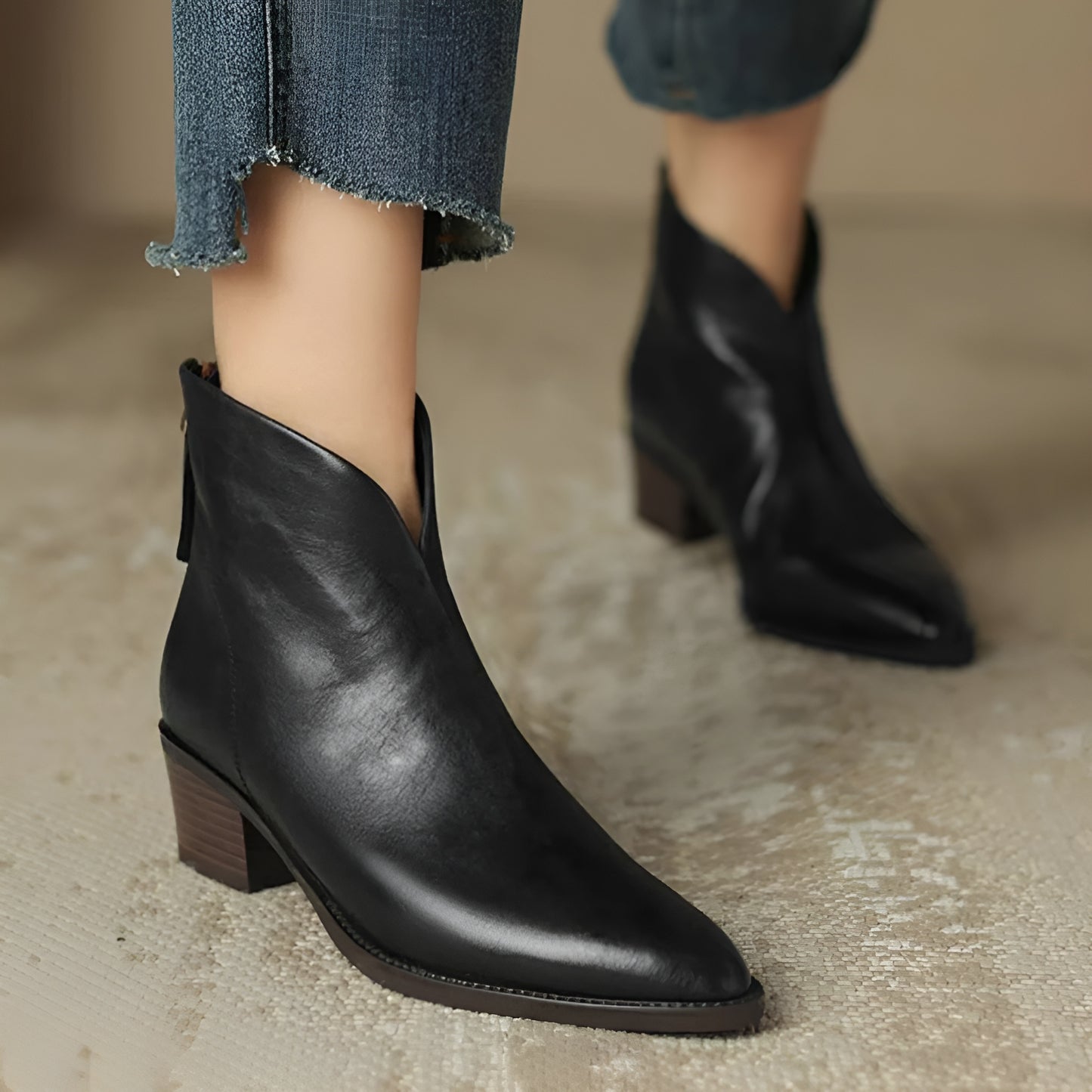Dames Enkellaarsjes van Leer Met Rits & Blokhak – Elegant, Comfortabel & Stabiel