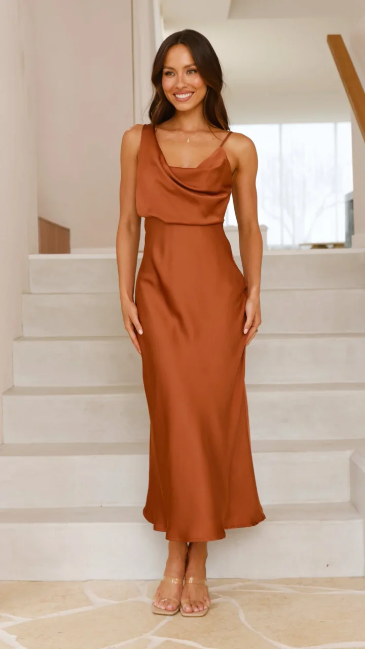 LUNIA | Luxe Satijnen Dames Jurk Met Watervalhals En Spaghettibandjes – Vloeiend, Elegant & Tijdloos