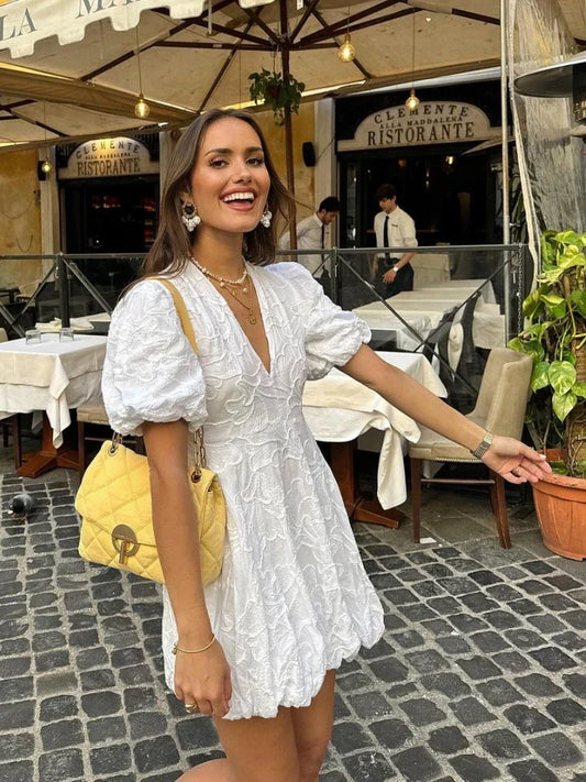 LUNARA | Witte Jurk met Pofmouwen - Zomers & Chic