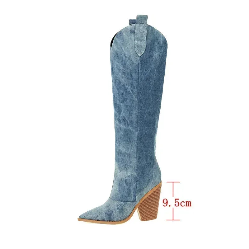 ROXANNE | Denim Look Cowboy Overknee Laarzen in Blauw – Stijlvol, Uniek & Gedurfd Voor Elke Gelegenheid