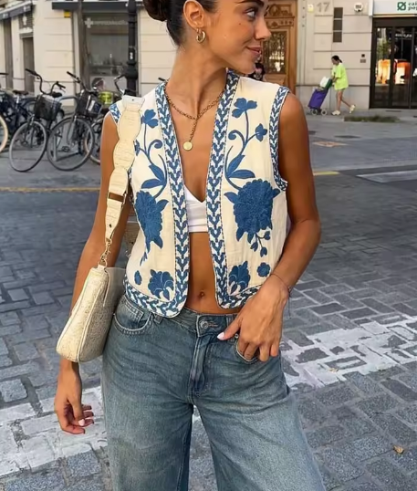 JINA | Zomerse Gilet Met Geborduurd Design - Modieus & Casual