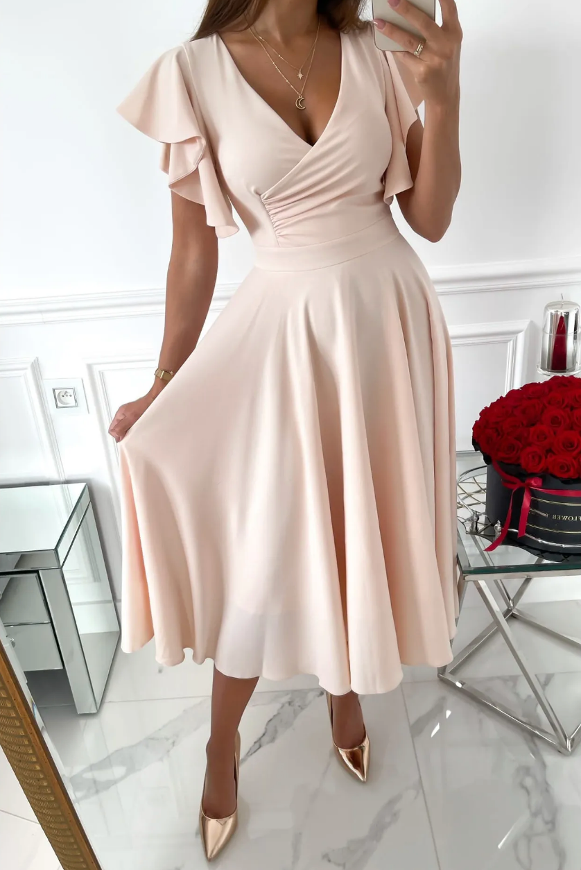 CLARISSE | Elegante Dames Midi-Jurk met Vlindermouwen & A-Lijn Pasvorm