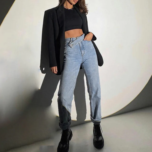 GIORGIA | Dames Jeans Met Hoge Taille En Asymmetrische Riem – Comfortabel, Eigentijds & Ultra-Flatterend