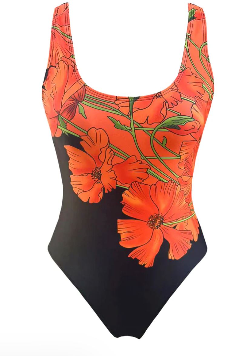 NERINA | Tropisch Badpak met Oranje Bloemen Design