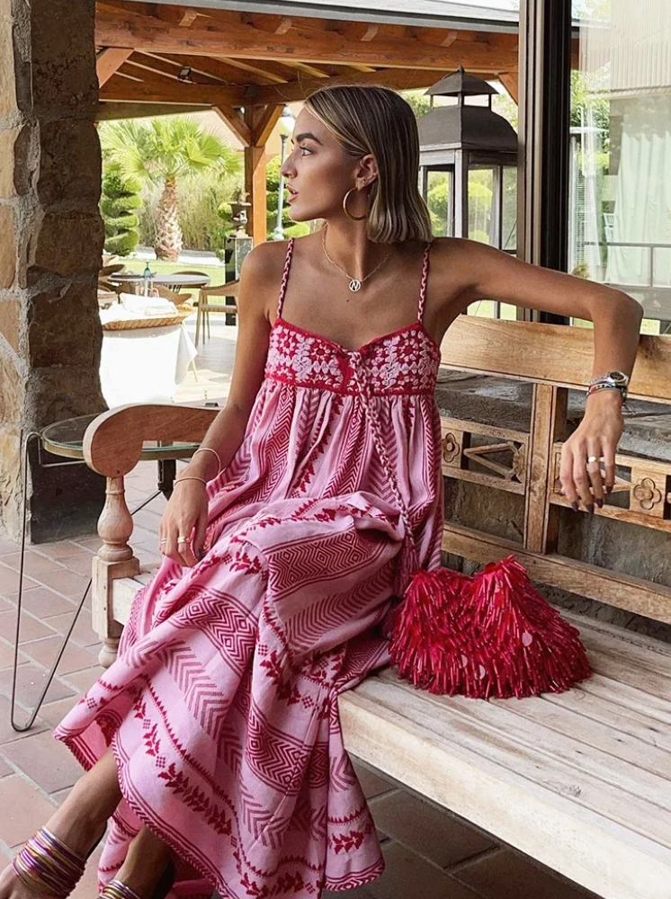 YELINA | Dames Maxi Zomerjurk – Borduurwerk & Spaghettibandjes