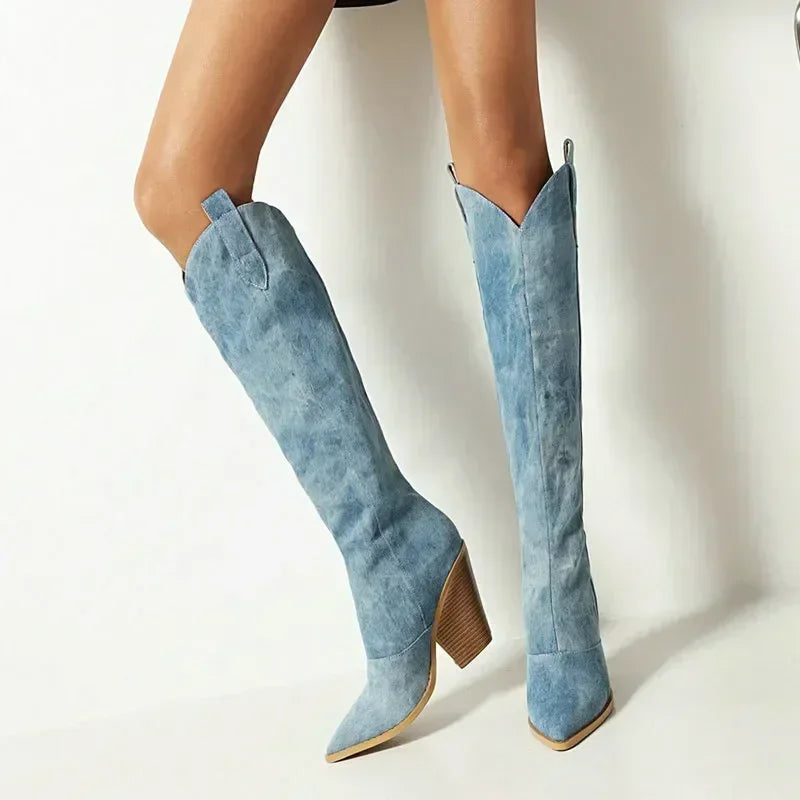 ROXANNE | Denim Look Cowboy Overknee Laarzen in Blauw – Stijlvol, Uniek & Gedurfd Voor Elke Gelegenheid