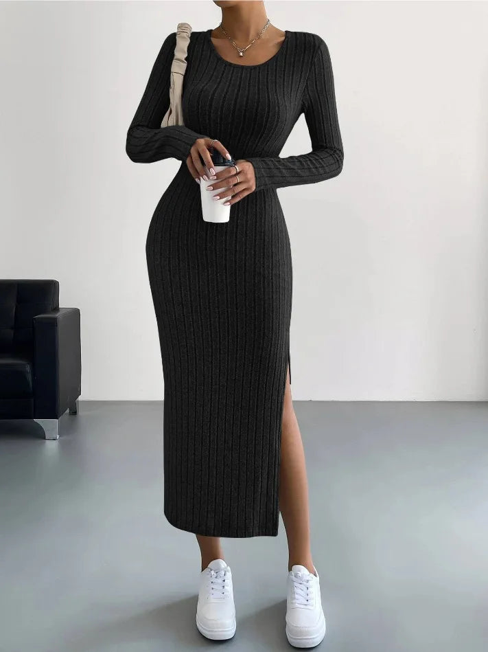 MAREN | Winter Gebreide Midi-Jurk Met Lange Mouwen & Zijsplit – Warm, Stijlvol & Flatterend