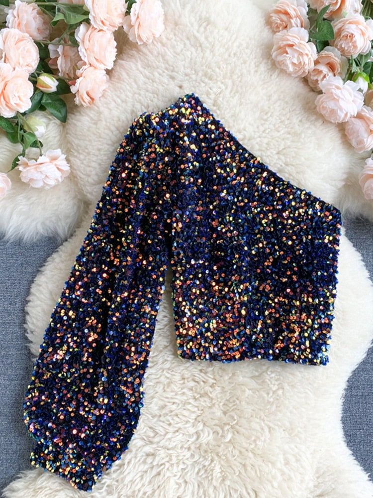 FLEUR | One Shoulder Glitter Top Voor Dames – Elegant, Opvallend, Comfortabel