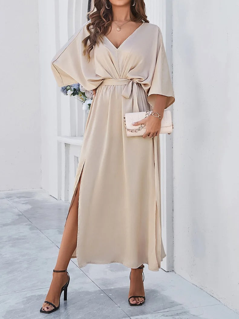 CÉLESTE | Chique Damesjurk Met V-Hals, Strikdetail & Split – Elegant & Vrouwelijk Voor Feestelijke Gelegenheden