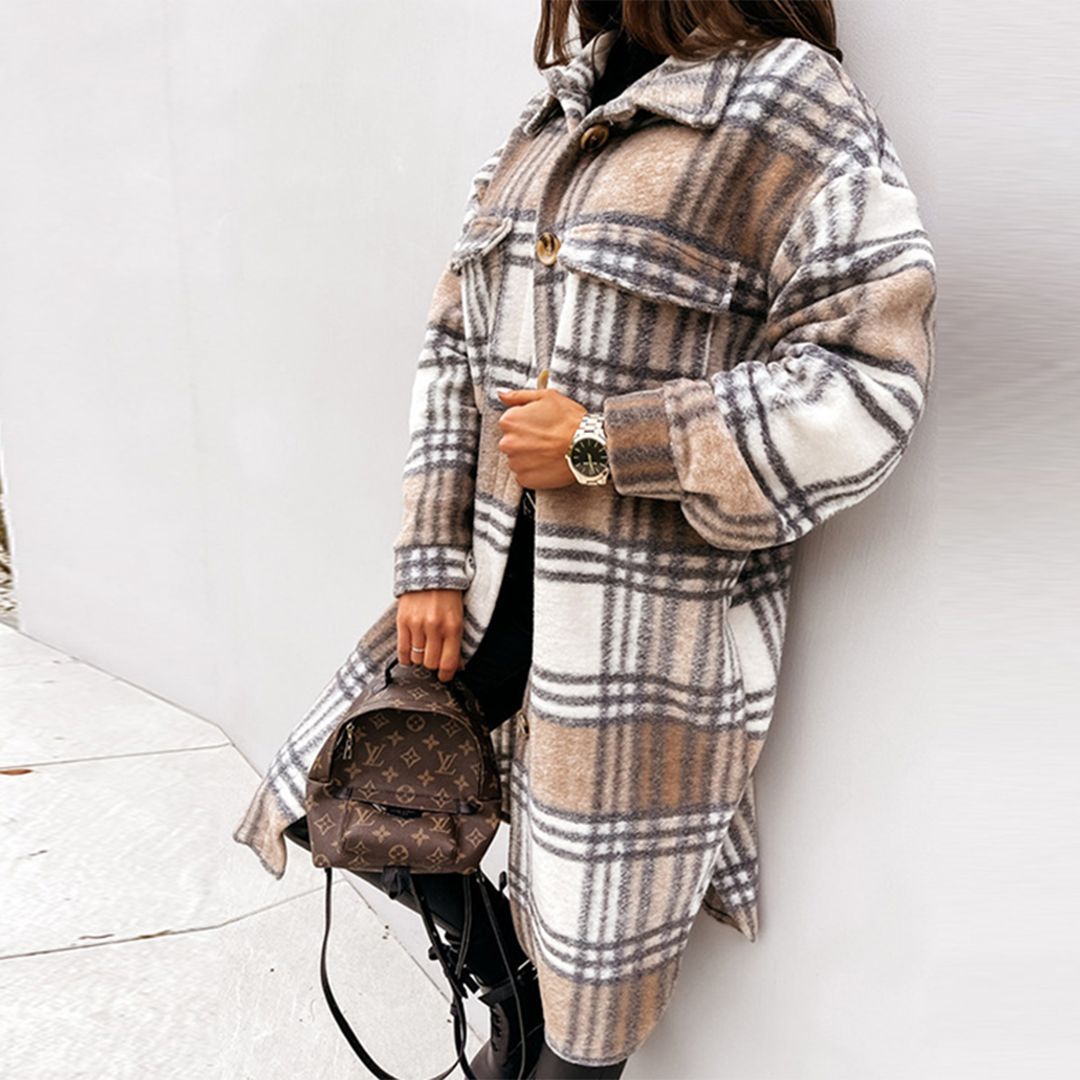 JOLIE | Lange Geruite Damesjas – Herfstfavoriet met Ademend Comfort & Statementstijl