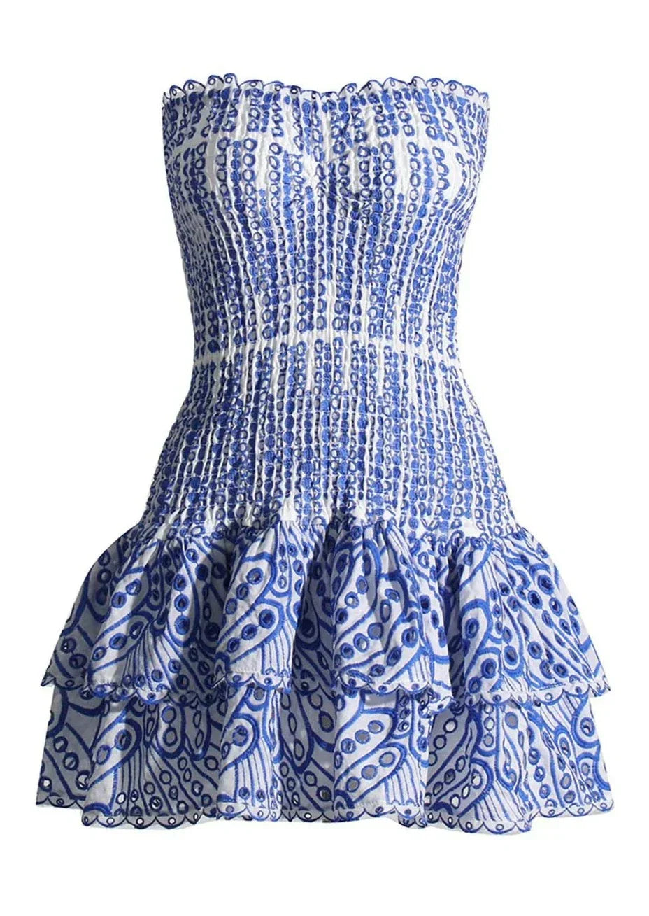DOLCE | Strapless Zomerjurk Met Borduursel in Blauw – Elegant, Luchtig & Verfijnd!