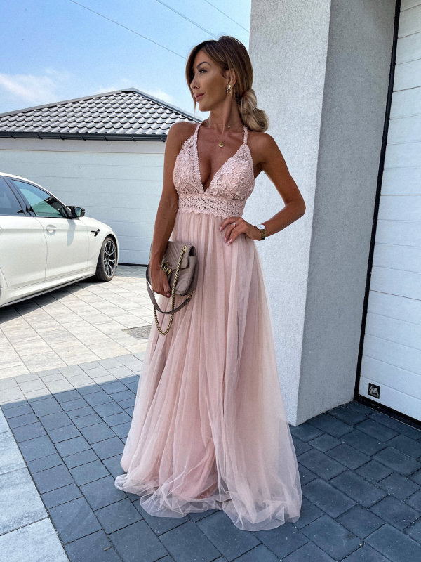 ISABELLA | Roze Maxi-jurk met Kant en Tule – Elegante Showstopper voor Speciale Gelegenheden