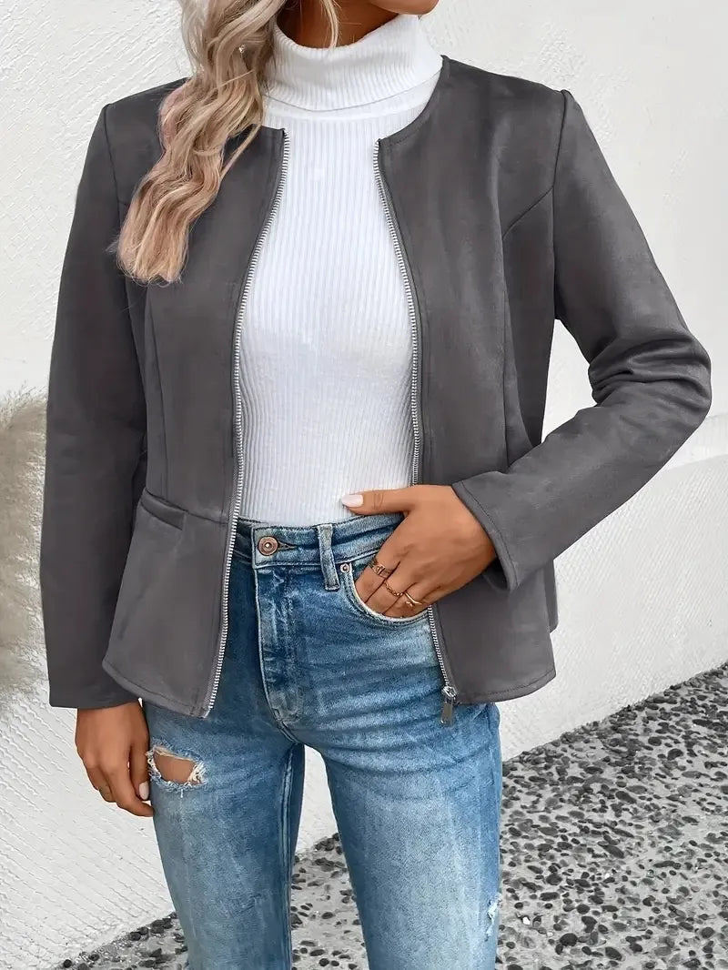 MAEVE | Suède Dames Jasje Met Rits, Ronde Hals & Blazer-Style - Elegant, Stijlvol & Modieus