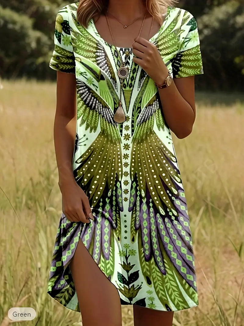 HANA | Korte Zomerjurk Met Vleugelprint – Kleurrijk, Comfortabel & Boho-chic Voor Elke Dag