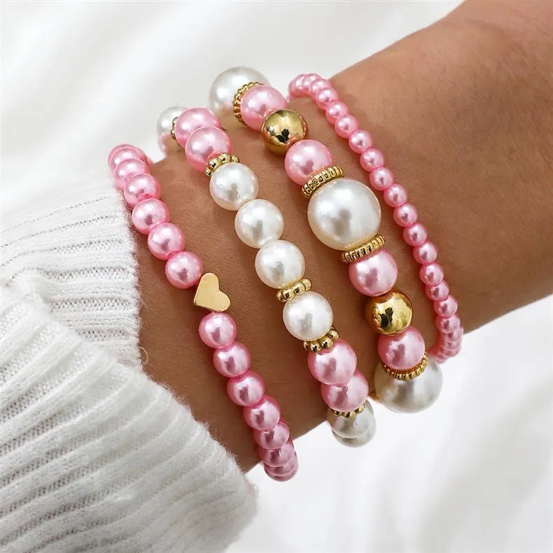 RANYA | 4-Delige Dames Armbanden Set met Parels en Glanzende Kralen