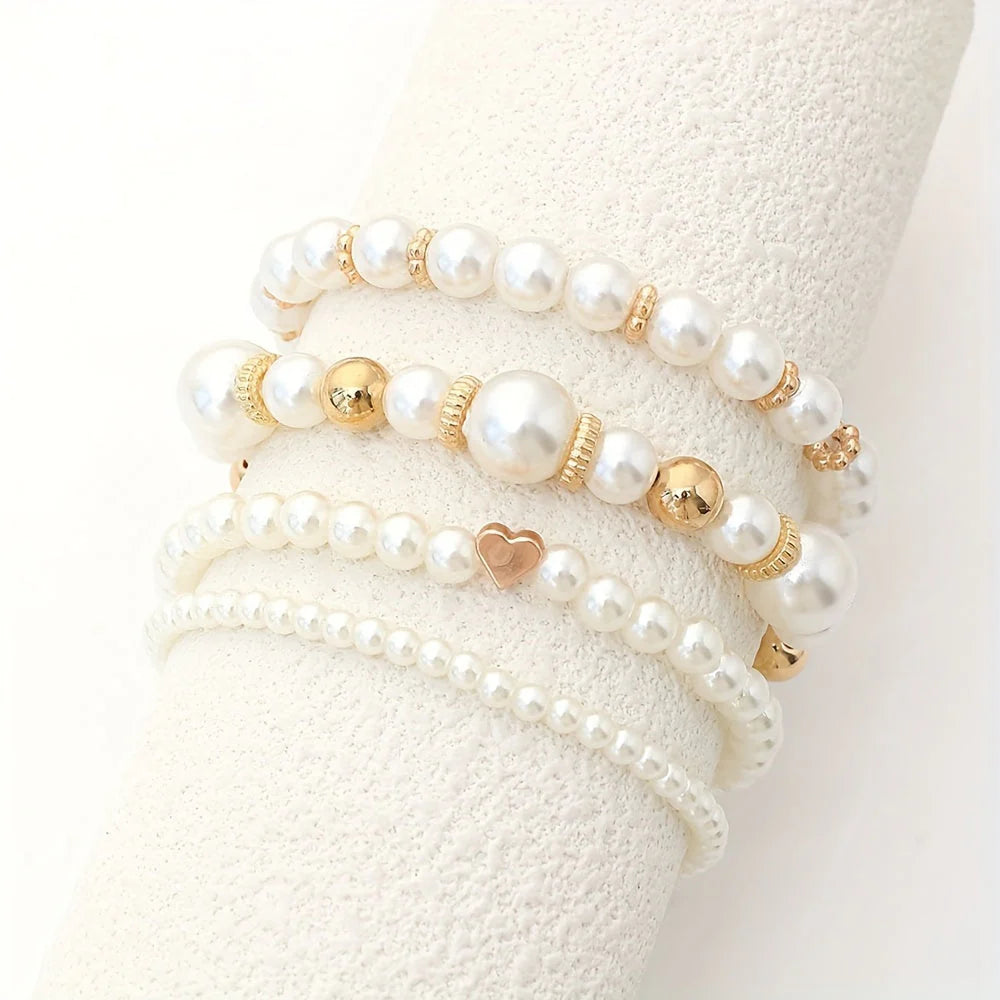 RANYA | 4-Delige Dames Armbanden Set met Parels en Glanzende Kralen