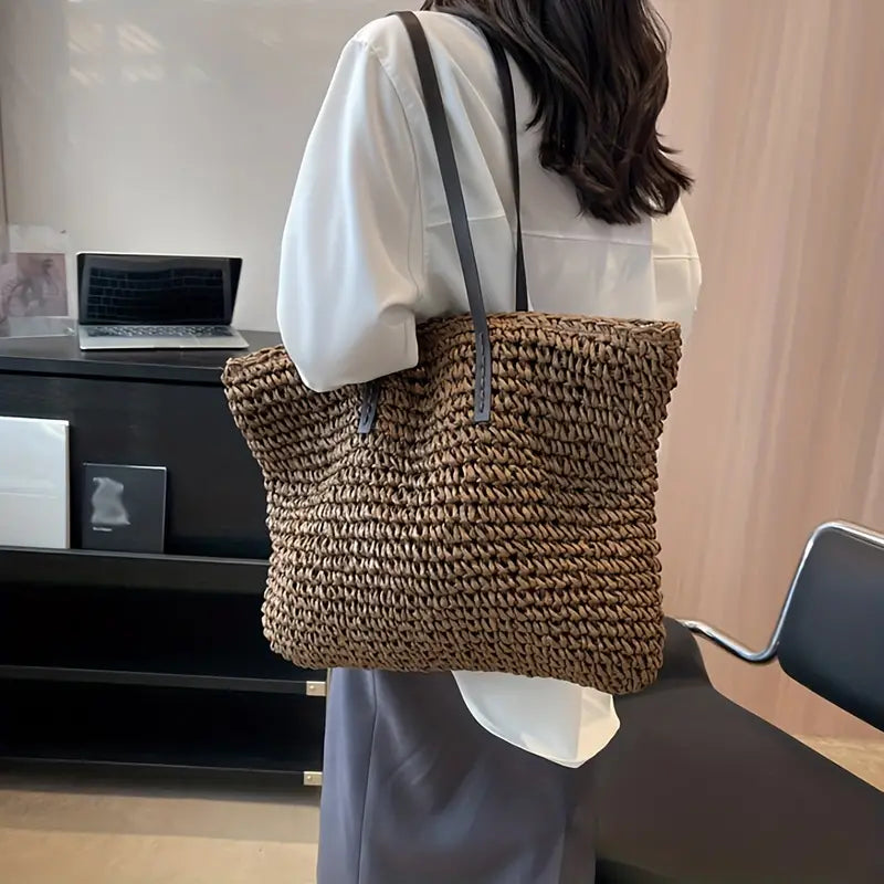 JUNE | Dames Tote Bag Met Geweven Design & Ritssluiting – Ruim Formaat & Lange Comfortabele Schouderhengsels